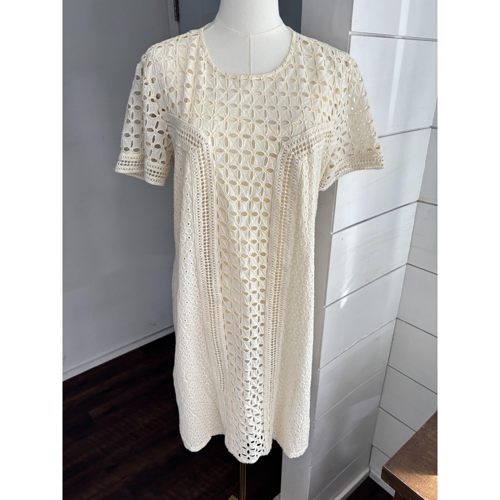Sundance Dress Womens 10‎ White Cotton Eyelet Lace Shift Short Sleeve Boho